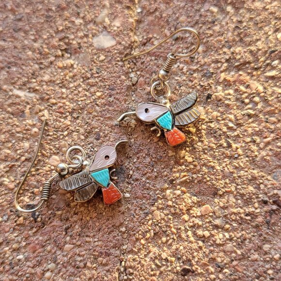 Native American Zuni handmade handcarved gemstone inlay 925 sterling hummingbird - Picture 3 of 13